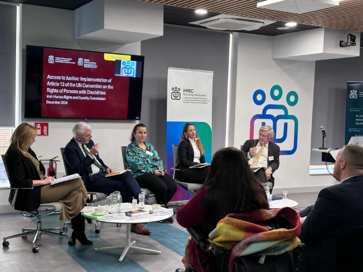 Panel discussion on the findings in the Report.  Pictured from Right to Left, Chair: Justice John MacMenamin (retired Judge of the Supreme Court), Sofiya Kalinova, Barrister-at-Law, Eliona Gjecai, Member of IHREC Disability Advisory Committee, Liam Coen, Department of Justice, Ber Grogan, Mental Health Reform.