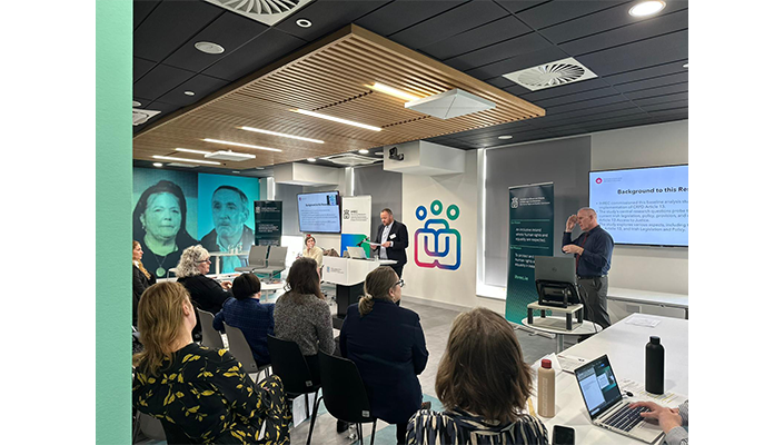 Dr Charles O&rsquo;Mahony presenting the findings of the research at the launch.  With Professor Anna Laws